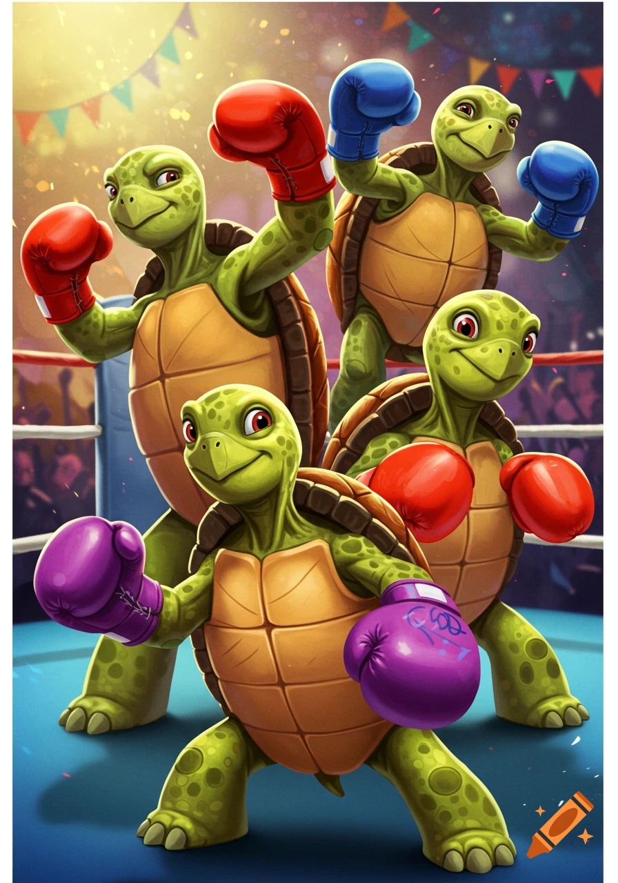 Four cartoon turtles wearing boxing gloves pose in a boxing ring.