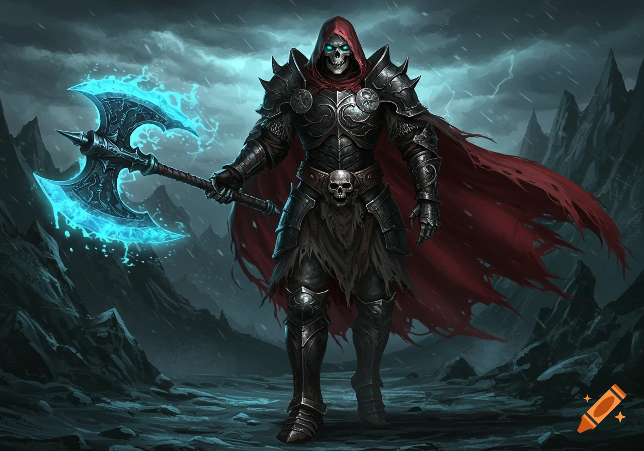 A skeleton warrior in dark armor holding a glowing blue axe stands in a stormy mountain landscape.