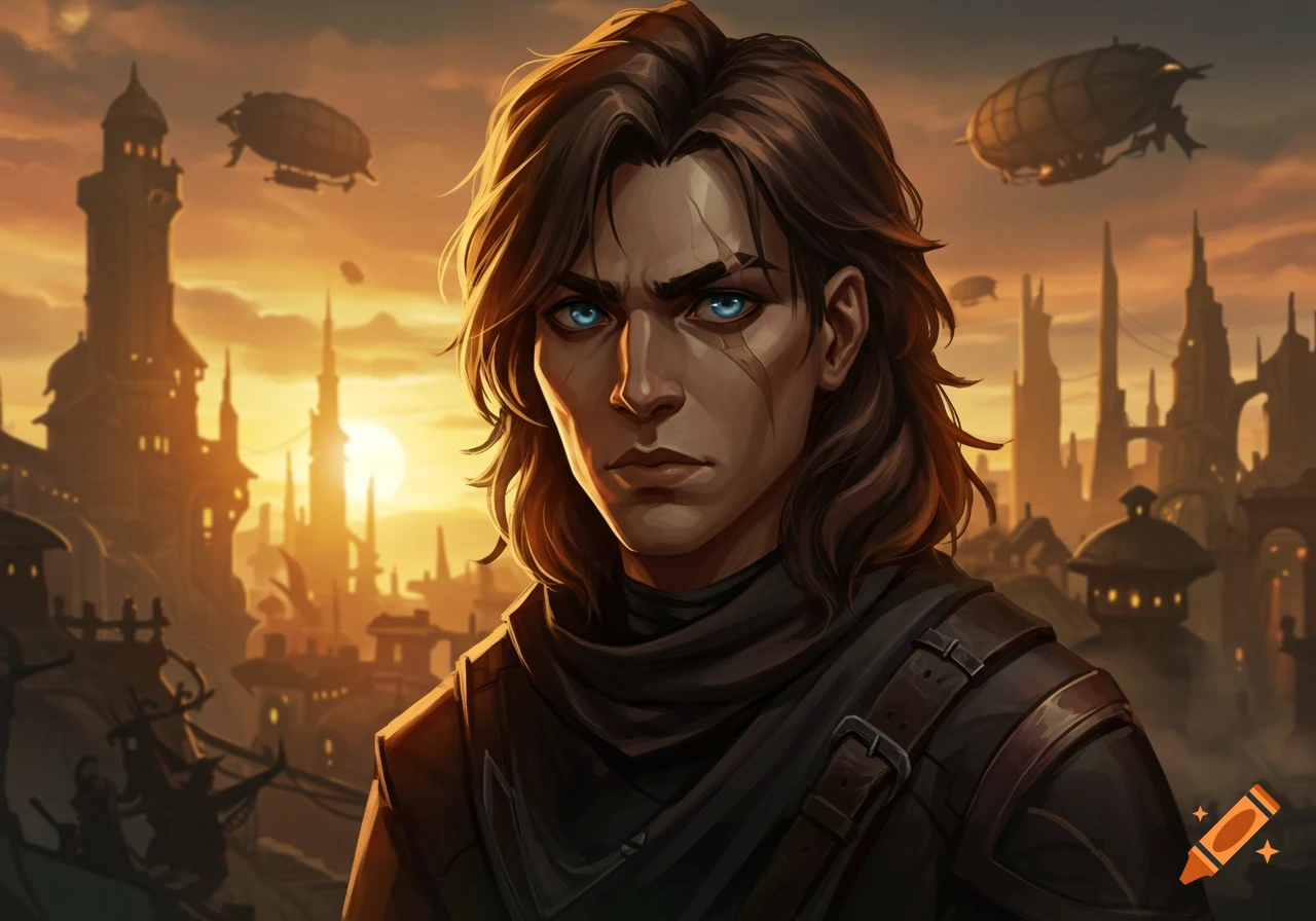 A character with blue eyes and scars is shown against a steampunk city backdrop at sunset.