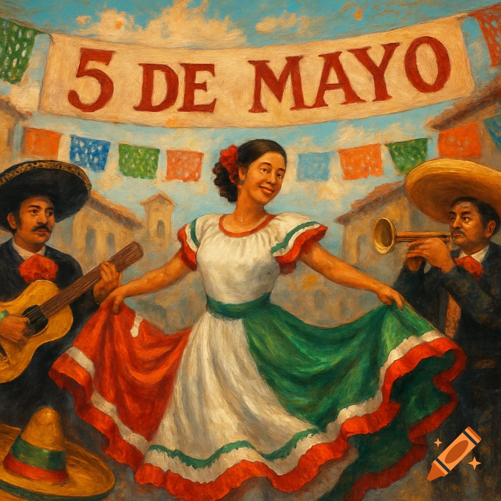 People celebrating Cinco de Mayo with a dancer, musicians, and banner.