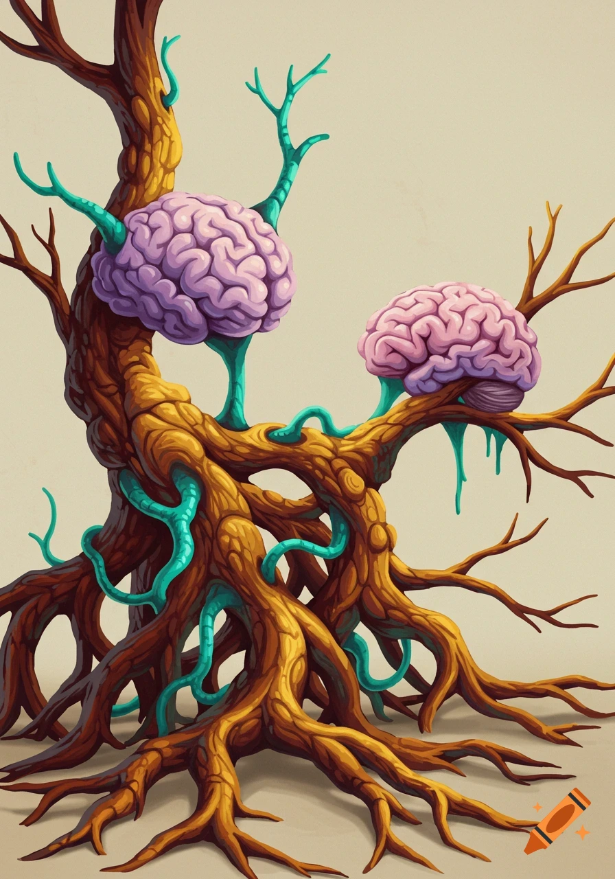 Surreal image of brains growing from a tree root structure with blue tendrils.