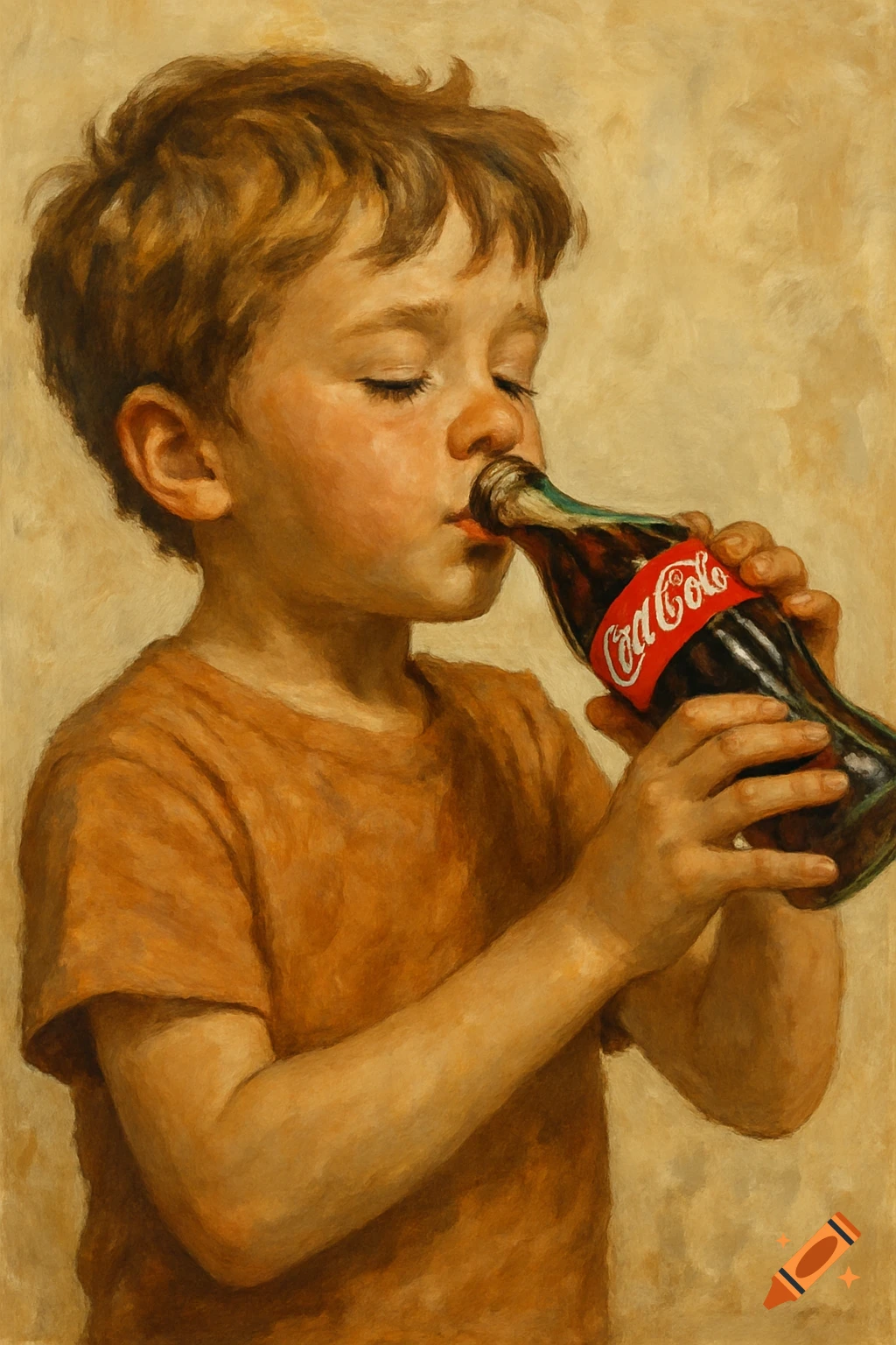 A child drinking from a Coca-Cola bottle.