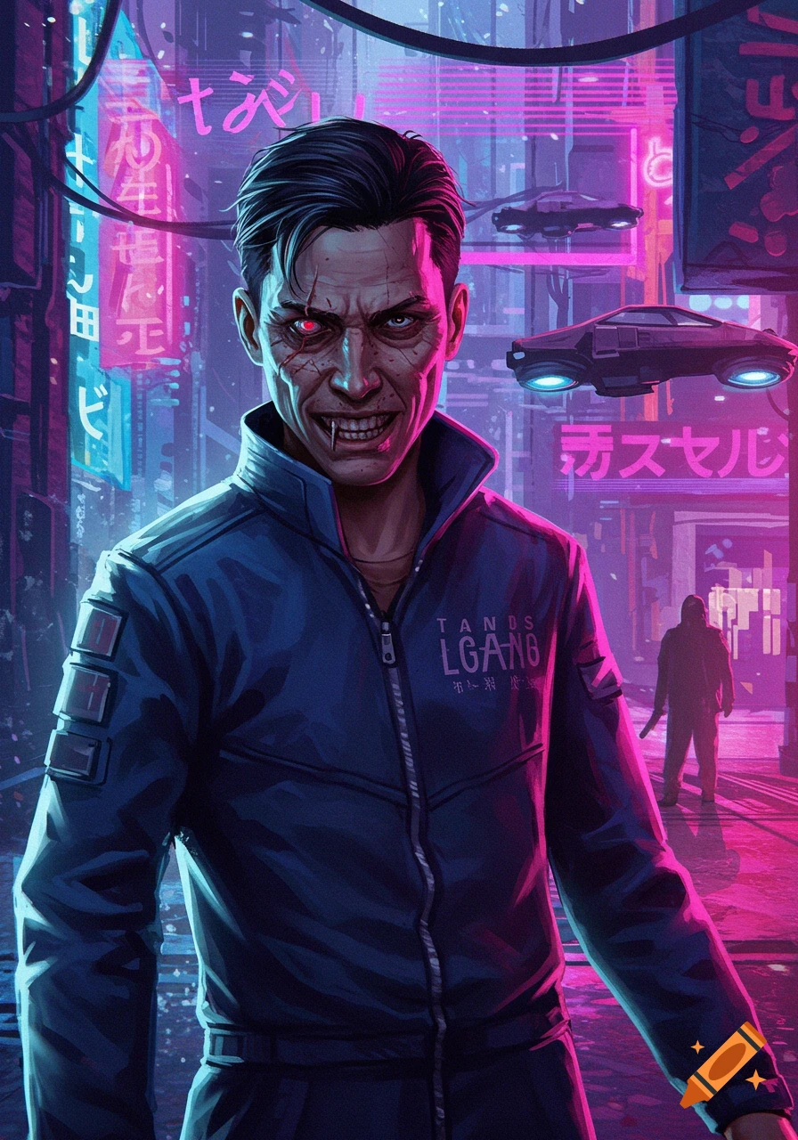 A snarling man with fangs and glowing eyes in a neon-lit cyberpunk city with flying cars.