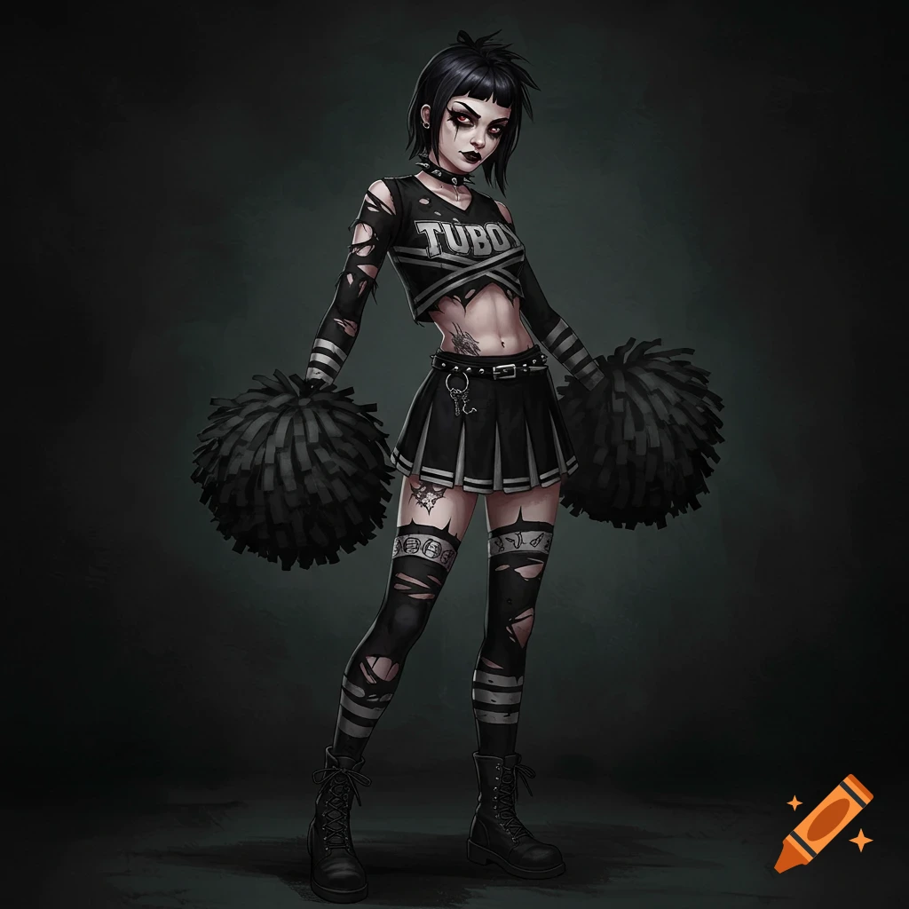 A goth cheerleader in a black ripped uniform holding pom-poms.