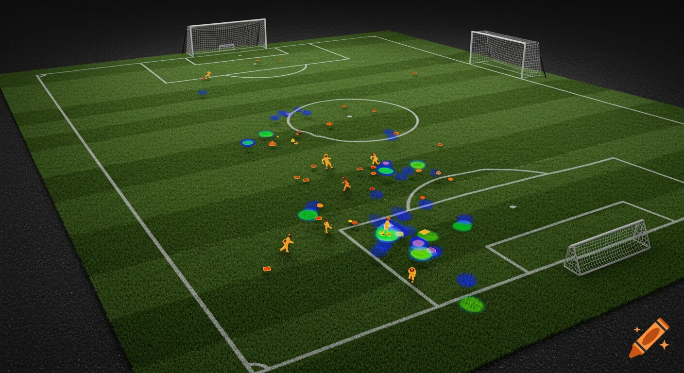 3D football pitch with player figures, cones, goals, and heatmaps