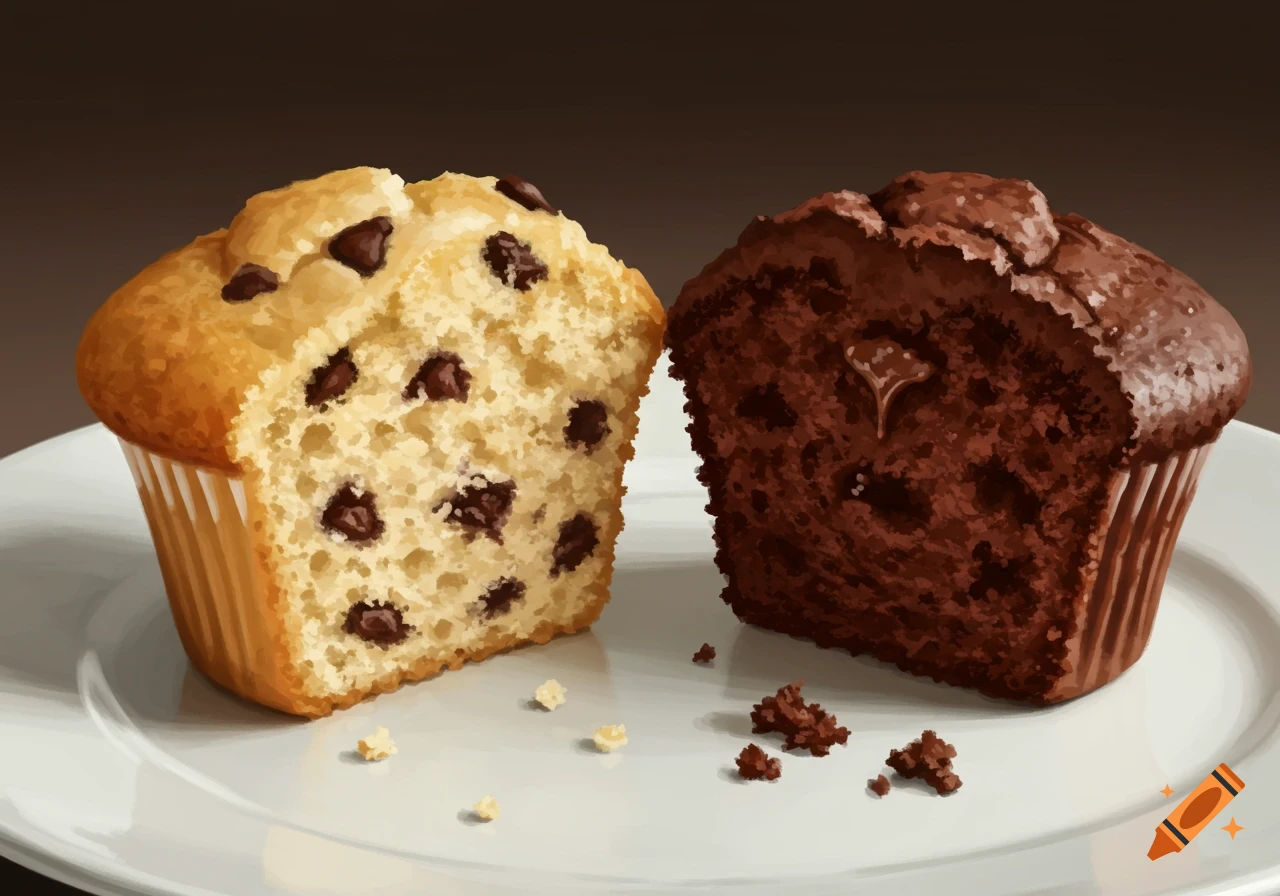 Two muffins, chocolate chip and chocolate, cut in half on a white plate.