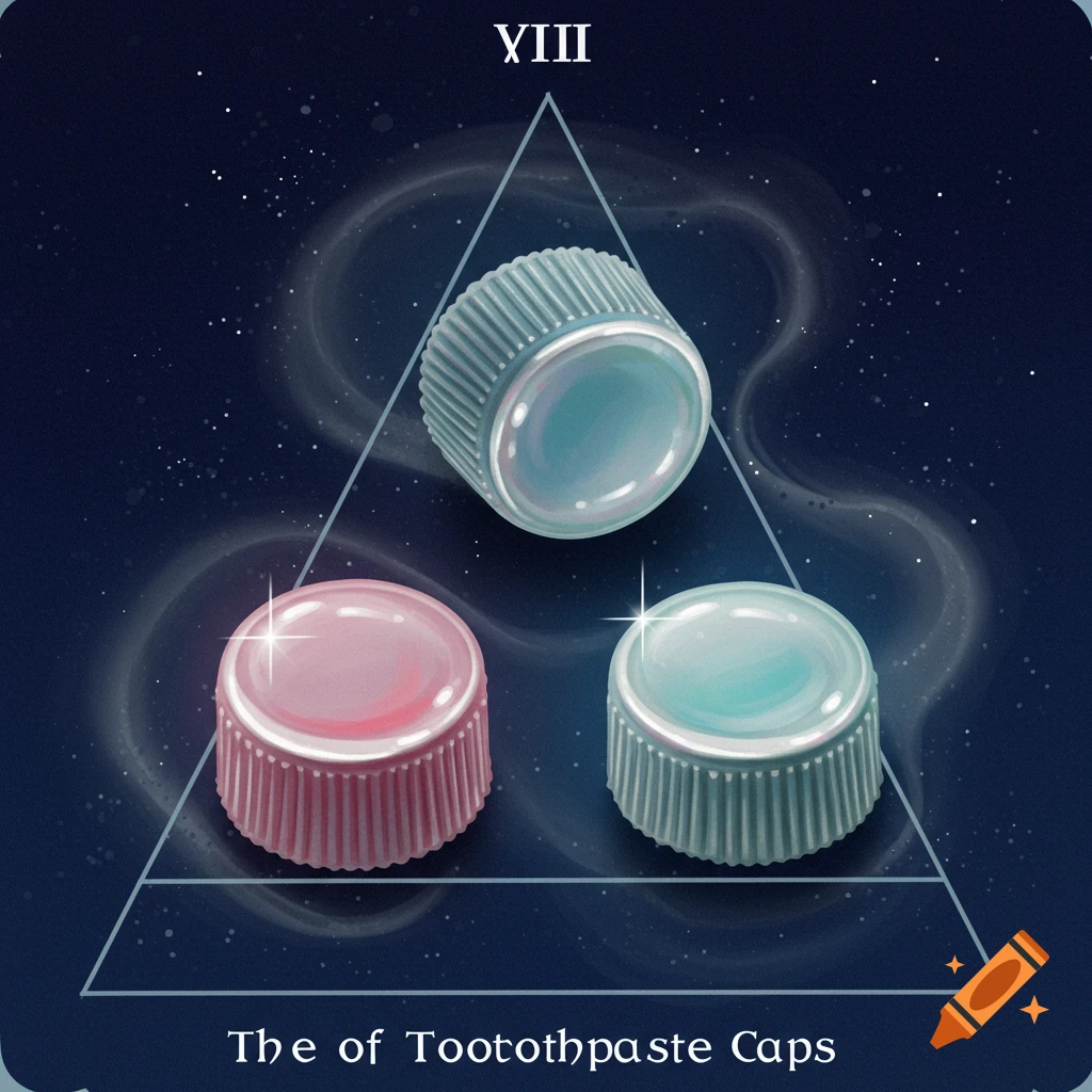 Three toothpaste caps arranged in a triangle on a starry background, styled as a tarot card.