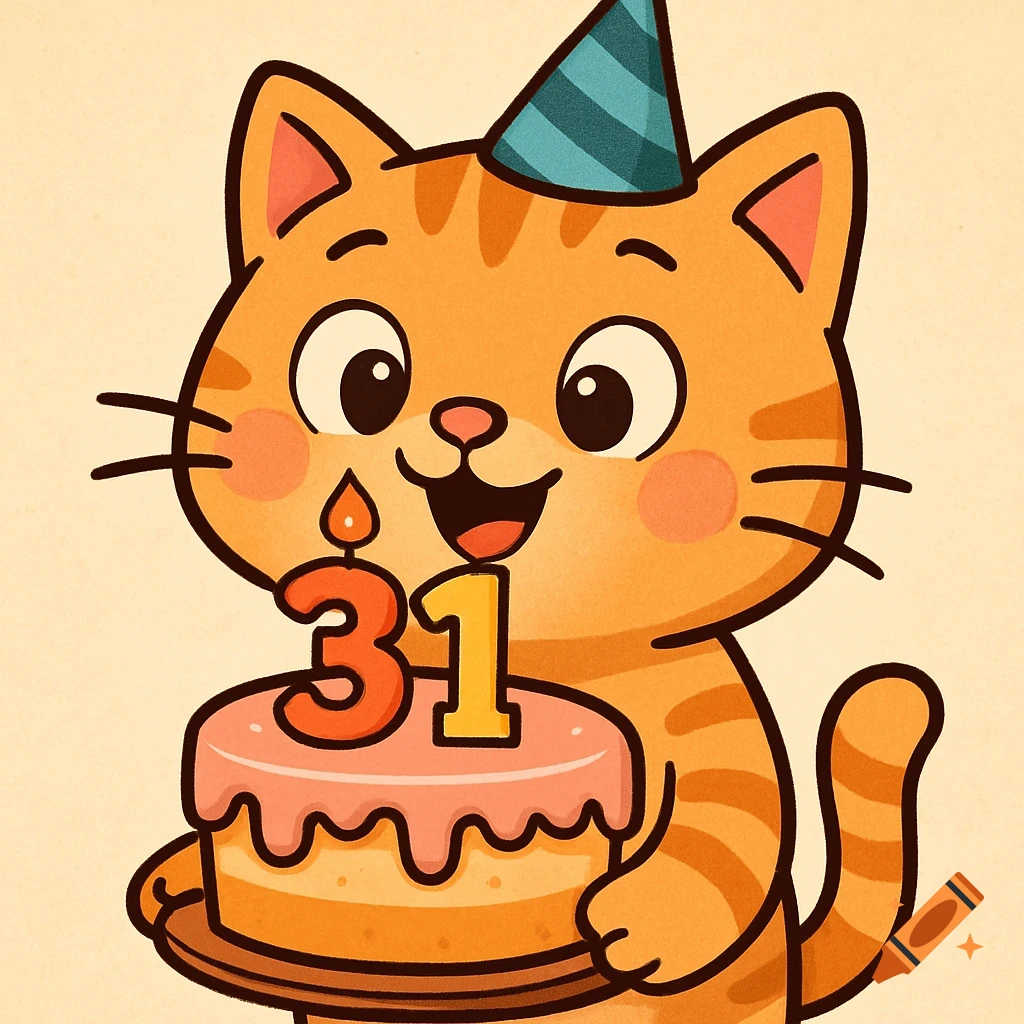 Cartoon cat wearing a party hat and holding a birthday cake with the numbers 31.