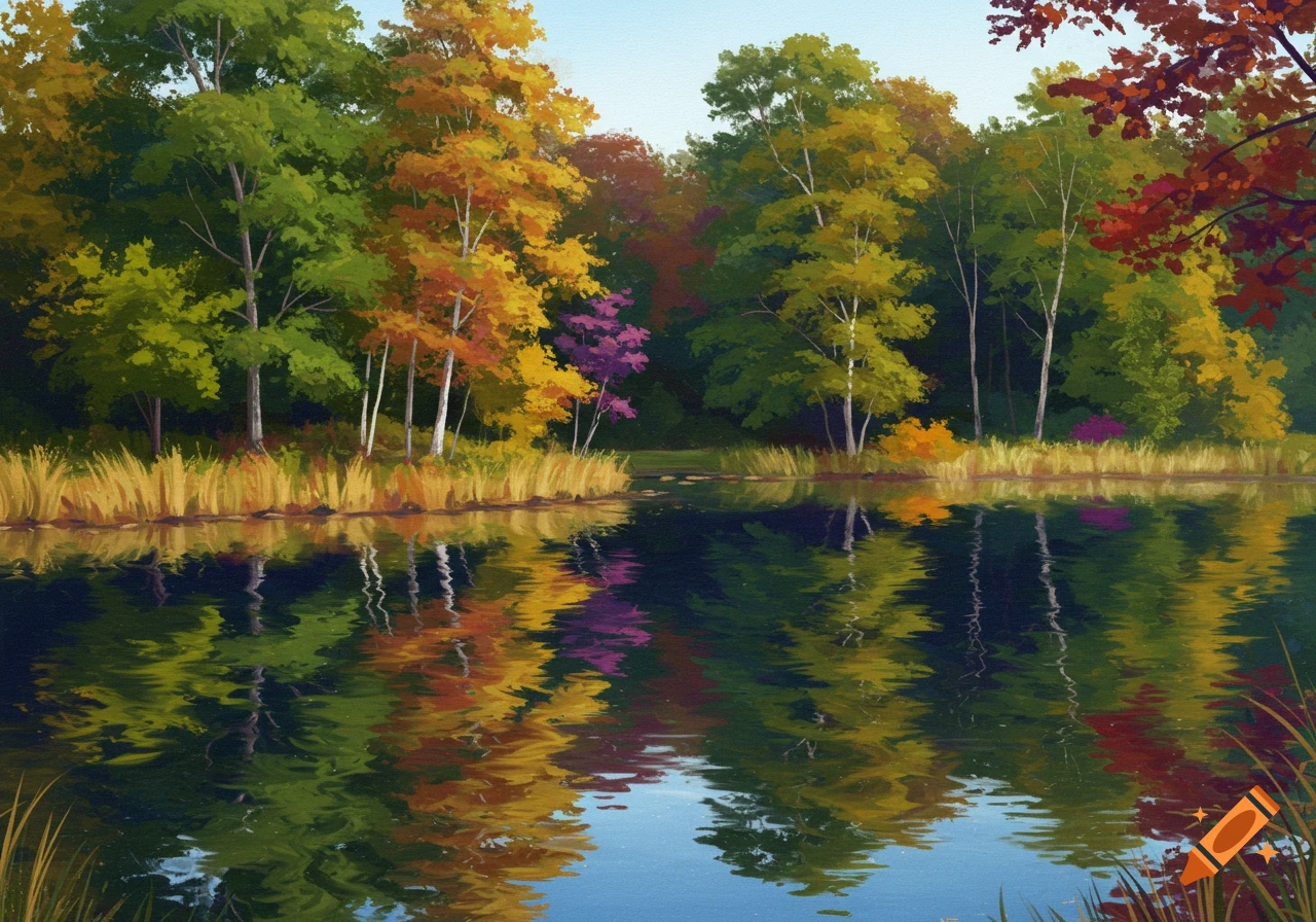 An autumn lake scene with colorful trees reflected in the water.