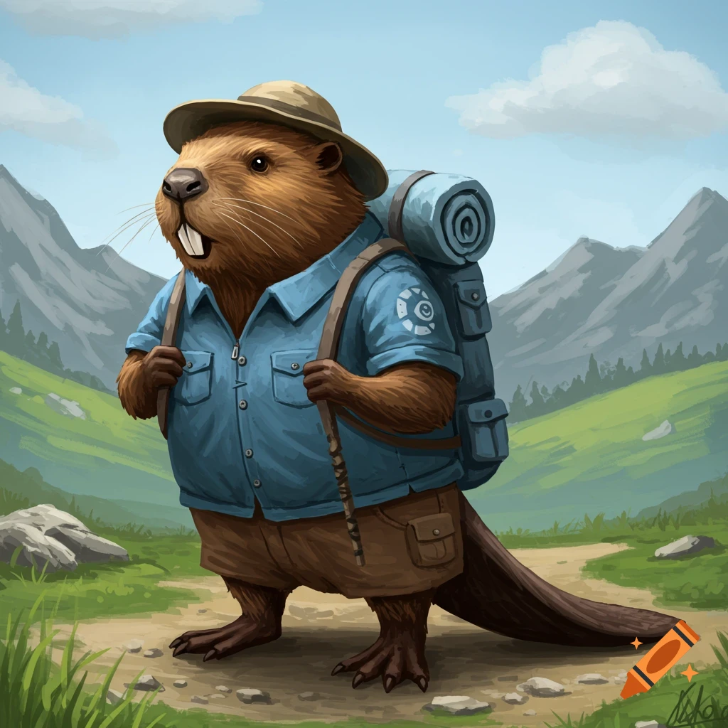 A cartoon beaver wearing a blue shirt, hat, and backpack stands on a path in a mountain landscape, holding a stick.