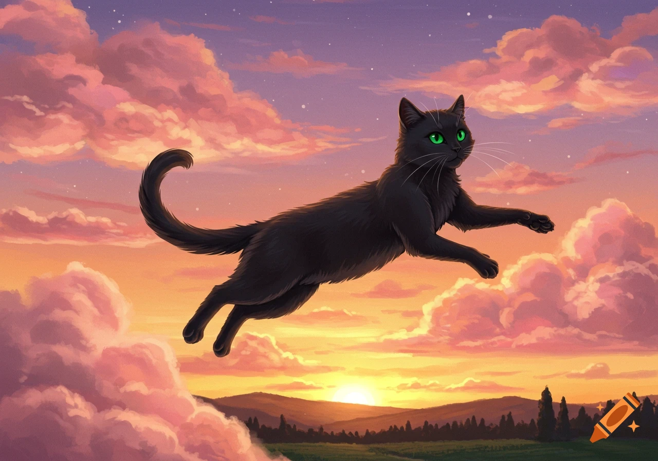 A black cat flies over a sunset landscape with pink clouds.