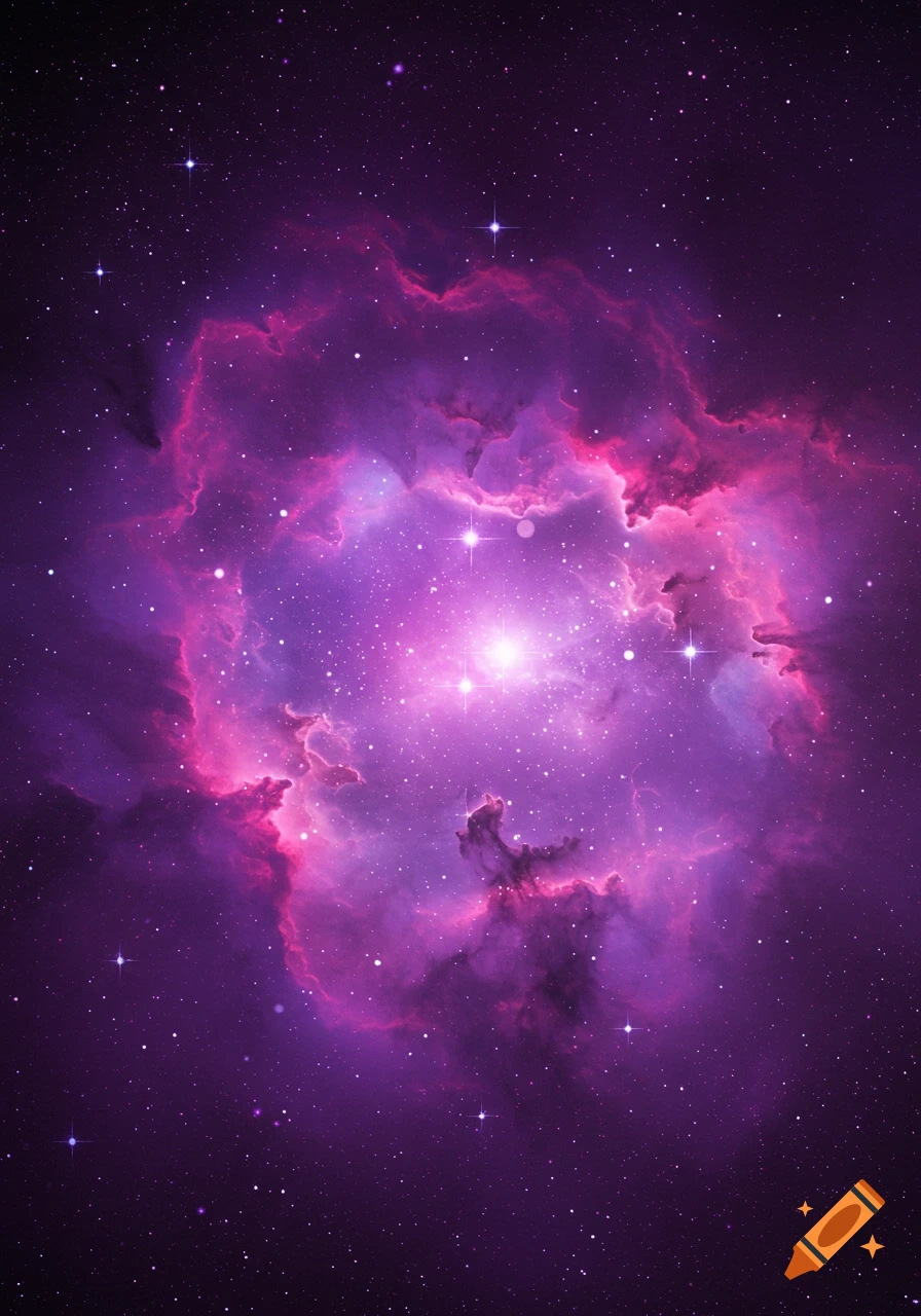 A vibrant purple and pink nebula glows in deep space, surrounded by countless stars.