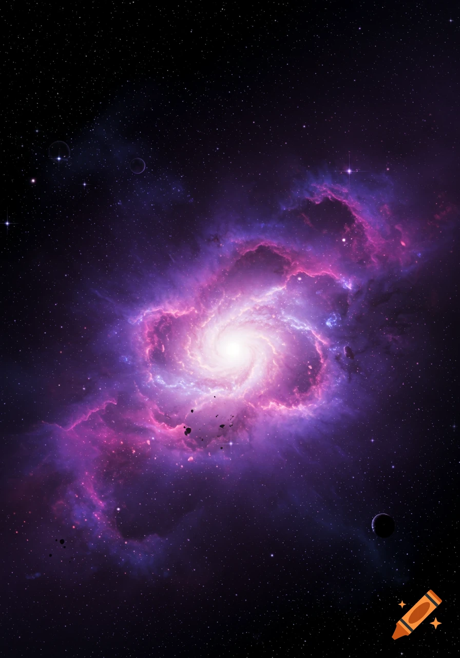 A swirling purple and pink spiral galaxy in space with stars and planets.