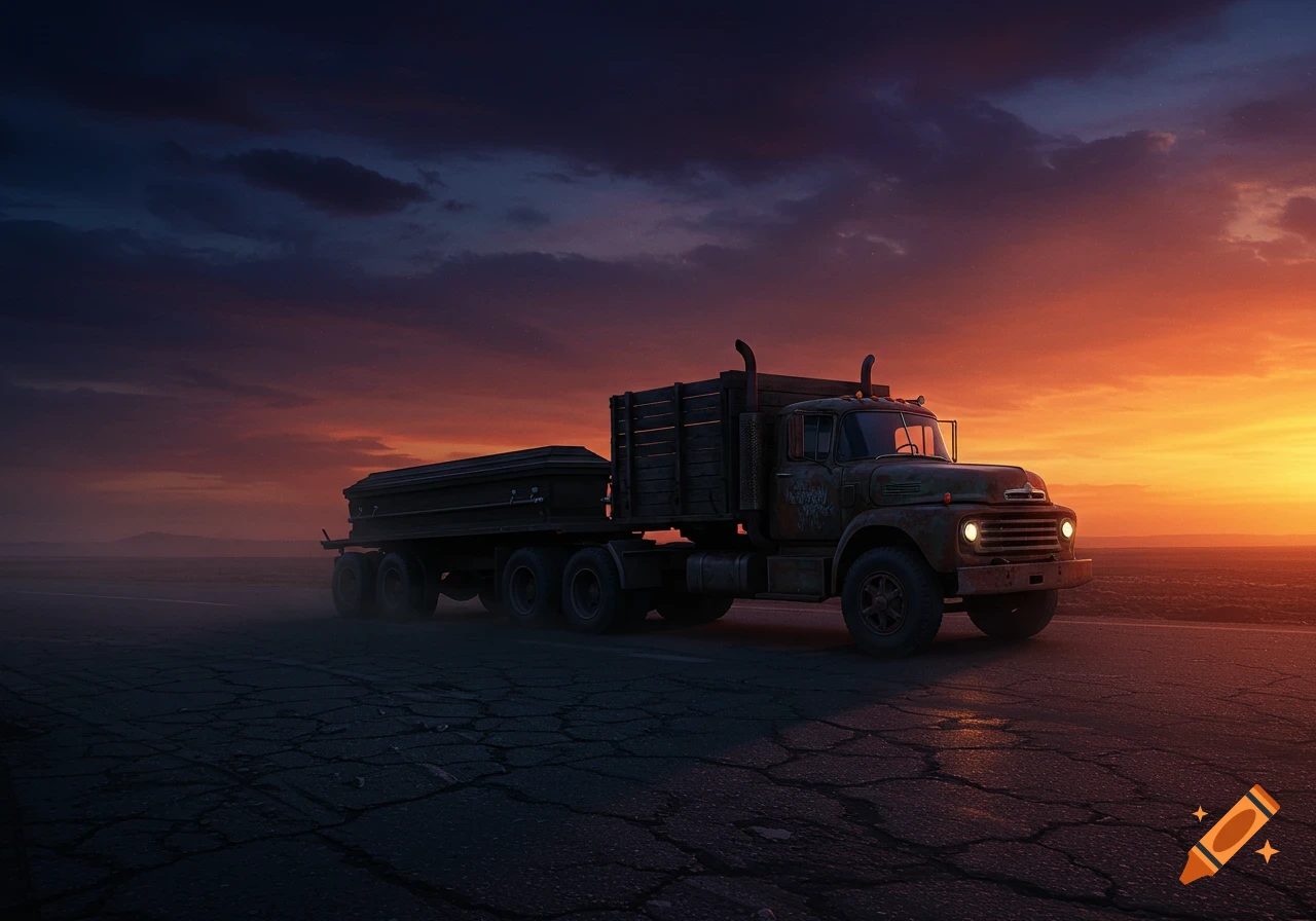 A rusty truck is pulling a coffin on a cracked road under a dramatic sunset.