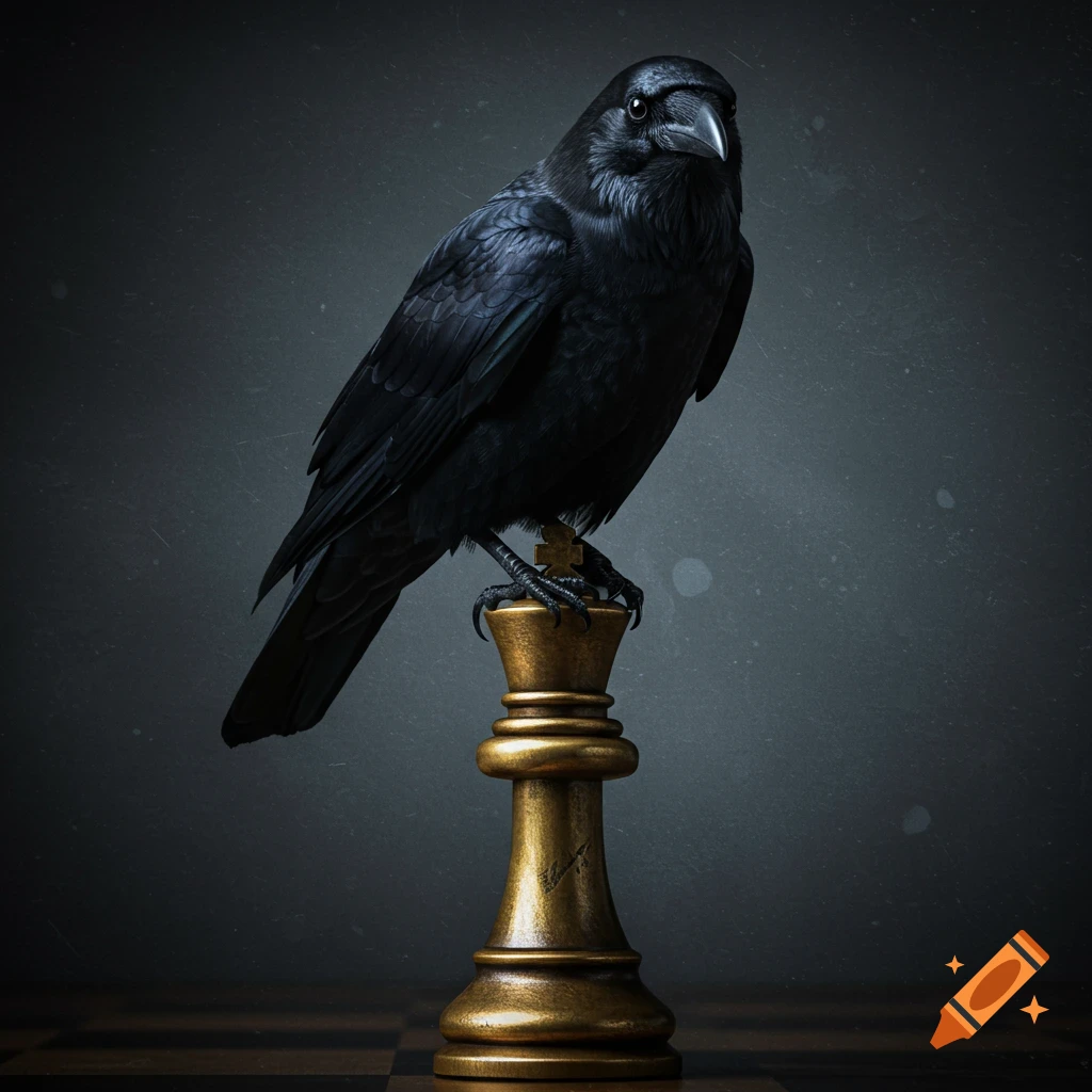 A black raven perches on a golden king chess piece.