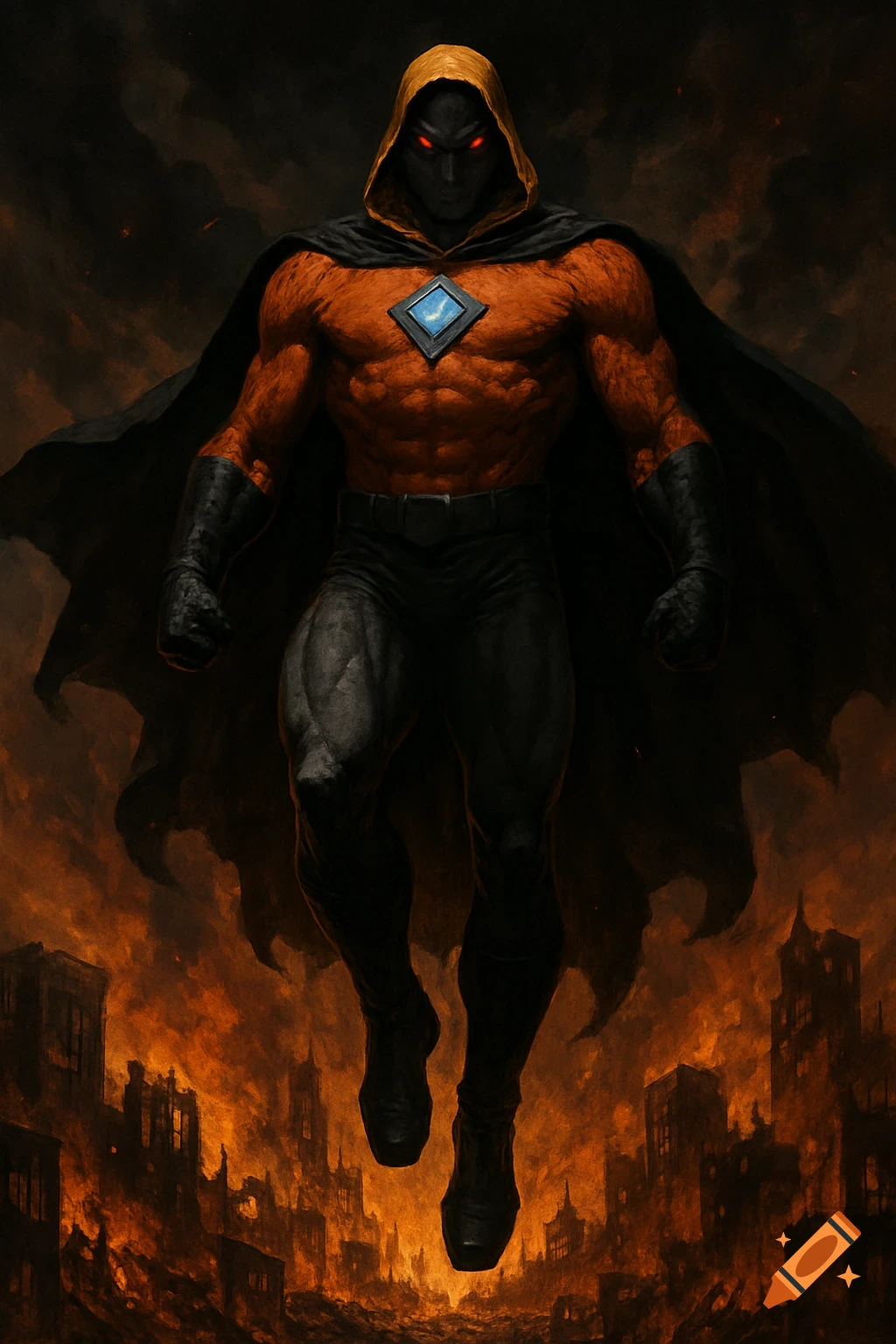 Muscular villain in orange and black suit with yellow hood flies over burning city.