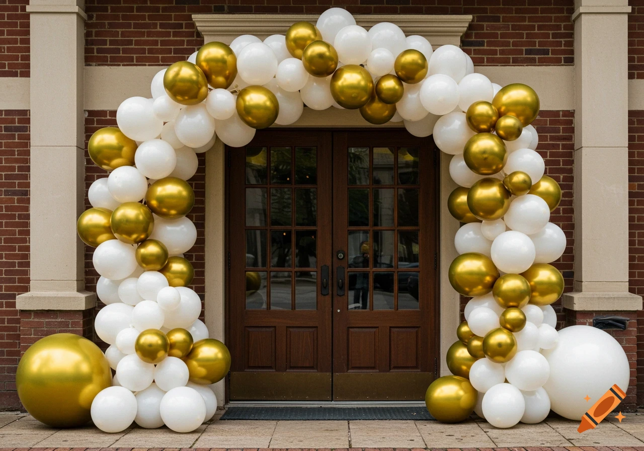 A large arch made of white and gold balloons frames the wooden double doors of a brick building.