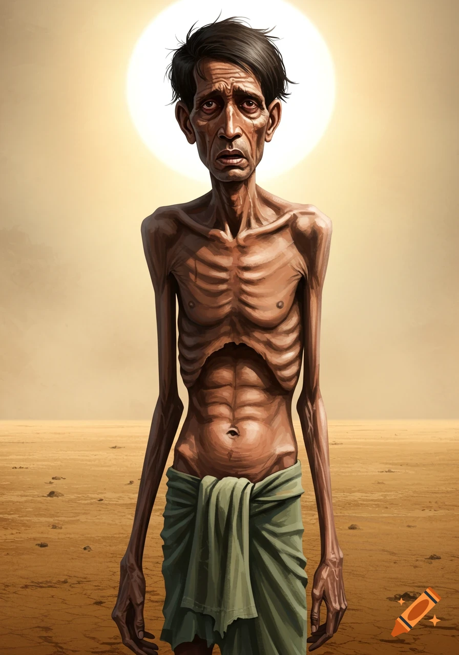 An emaciated man standing in a desert under a bright sun.