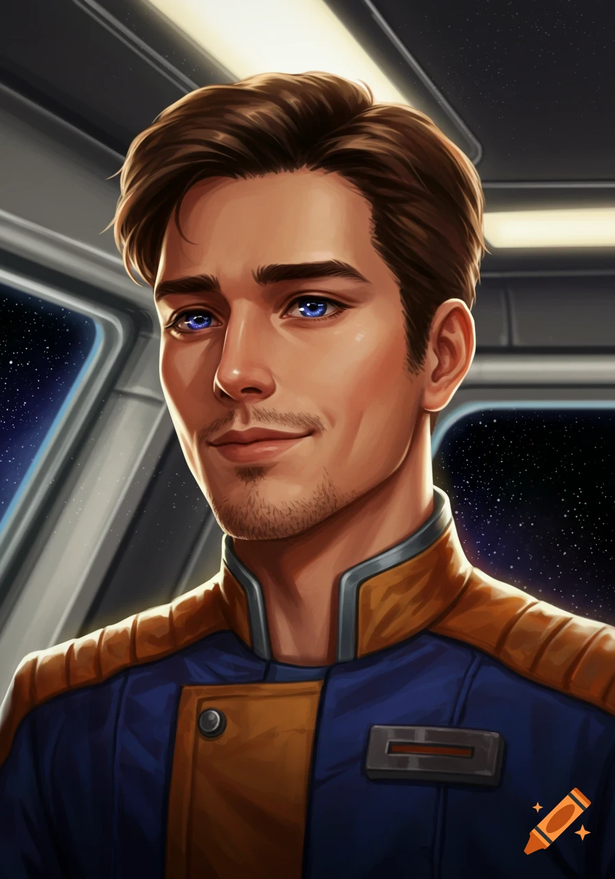 A man with blue eyes and stubble in a sci-fi uniform, looking forward in a spaceship.