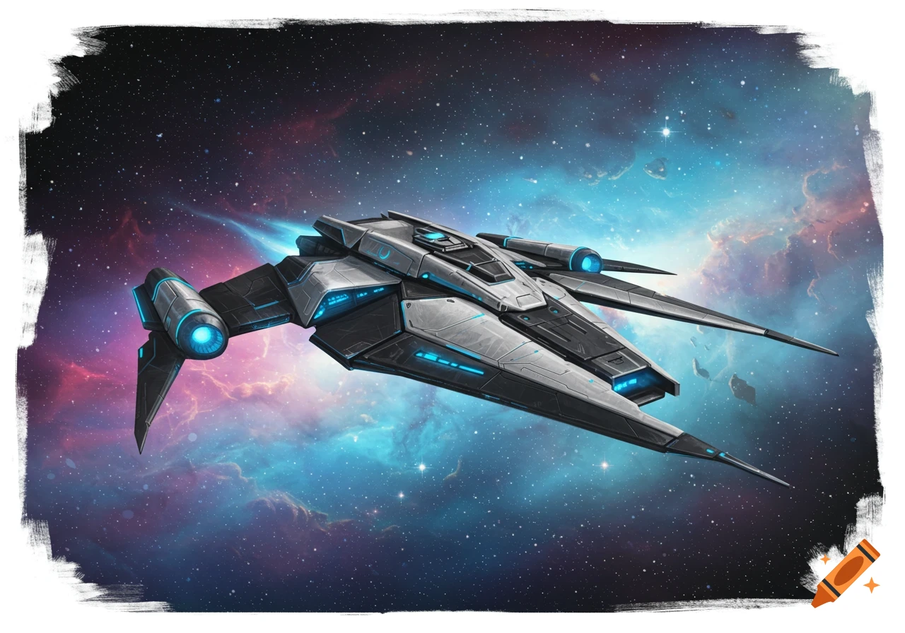 A futuristic spaceship flying through space with nebulae.