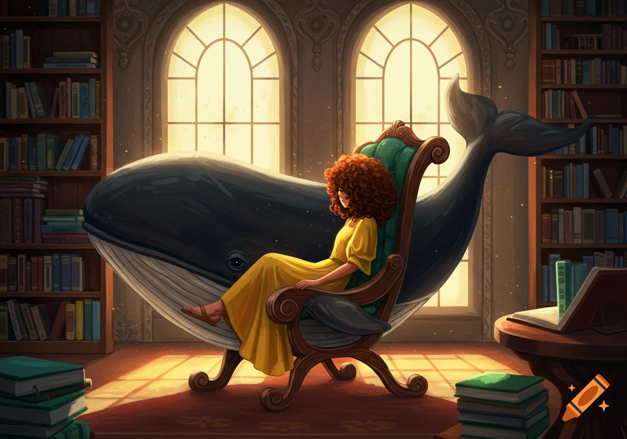 a person is sitting in a large whale-shaped chair in a library