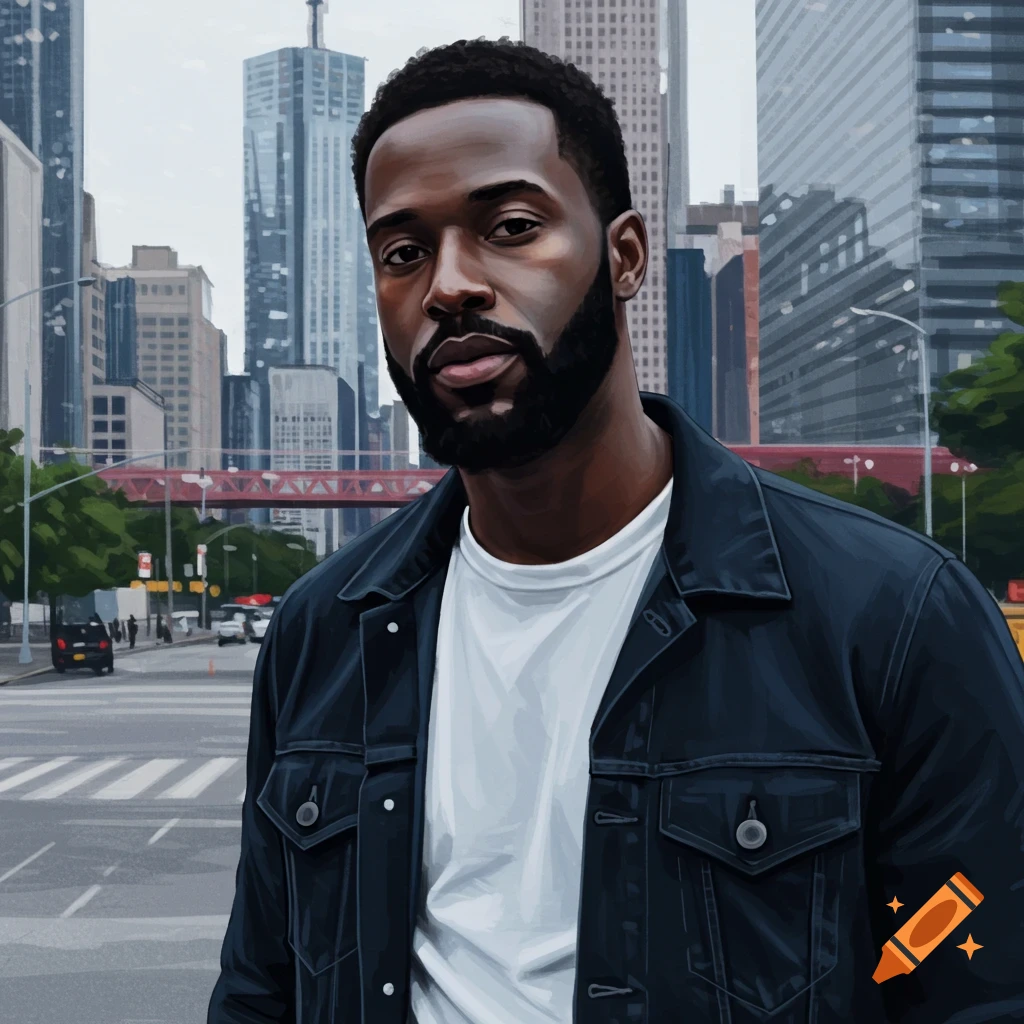 A Black man stands in a city street.