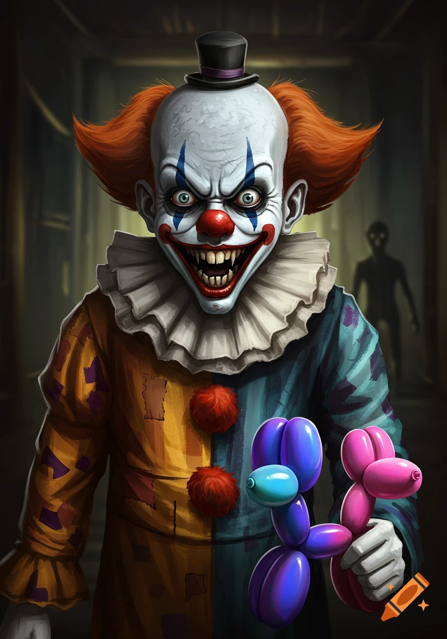 A scary clown with sharp teeth is holding purple and pink balloon animals in a dark hallway.