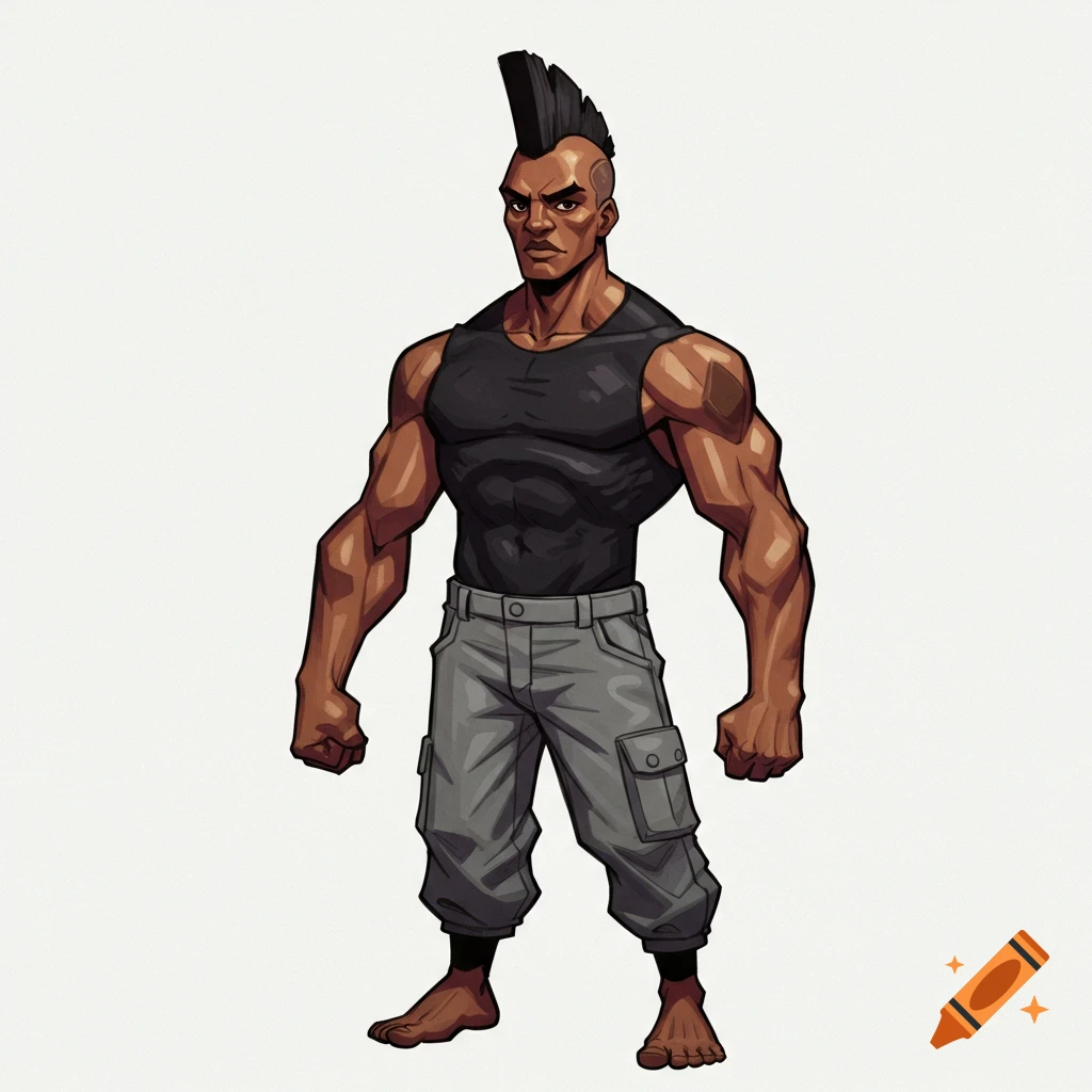 A stylized image of a muscular man with a mohawk, wearing a black tank top and grey cargo pants, standing in a T-pose.