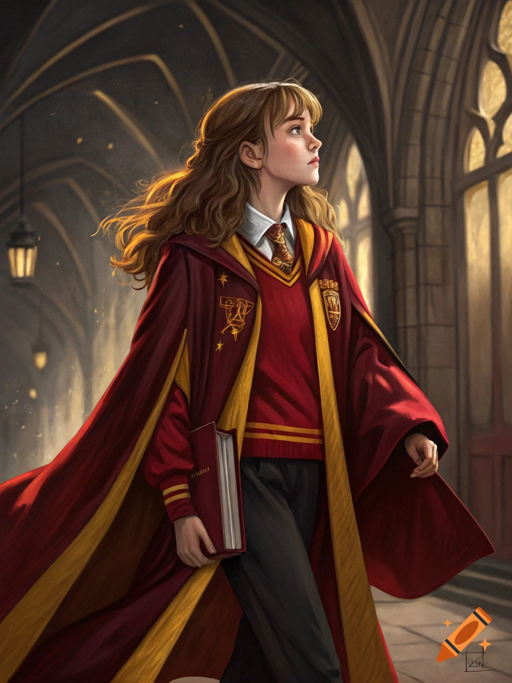 A young person in Gryffindor robes holding a book walks through a stone hallway in a castle, fantasy art.