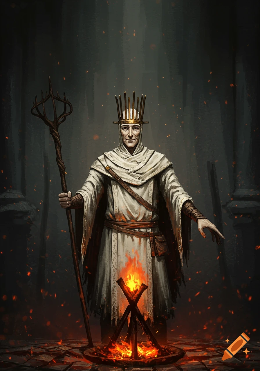 A character in a white robe and golden crown stands beside a bonfire, holding a staff, in a dark, ruined setting.