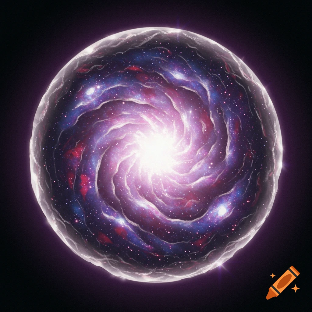 A fantasy orb showing a swirling purple and pink galaxy within.