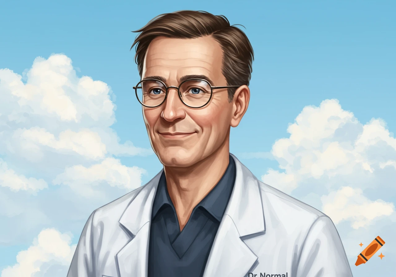 A man in a white lab coat and glasses is smiling against a cloudy sky.
