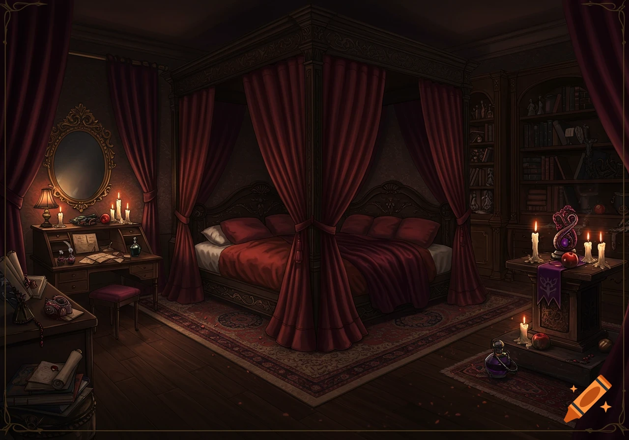 A dark fantasy bedroom with a large four-poster bed, writing desk, bookshelf, and shrine.