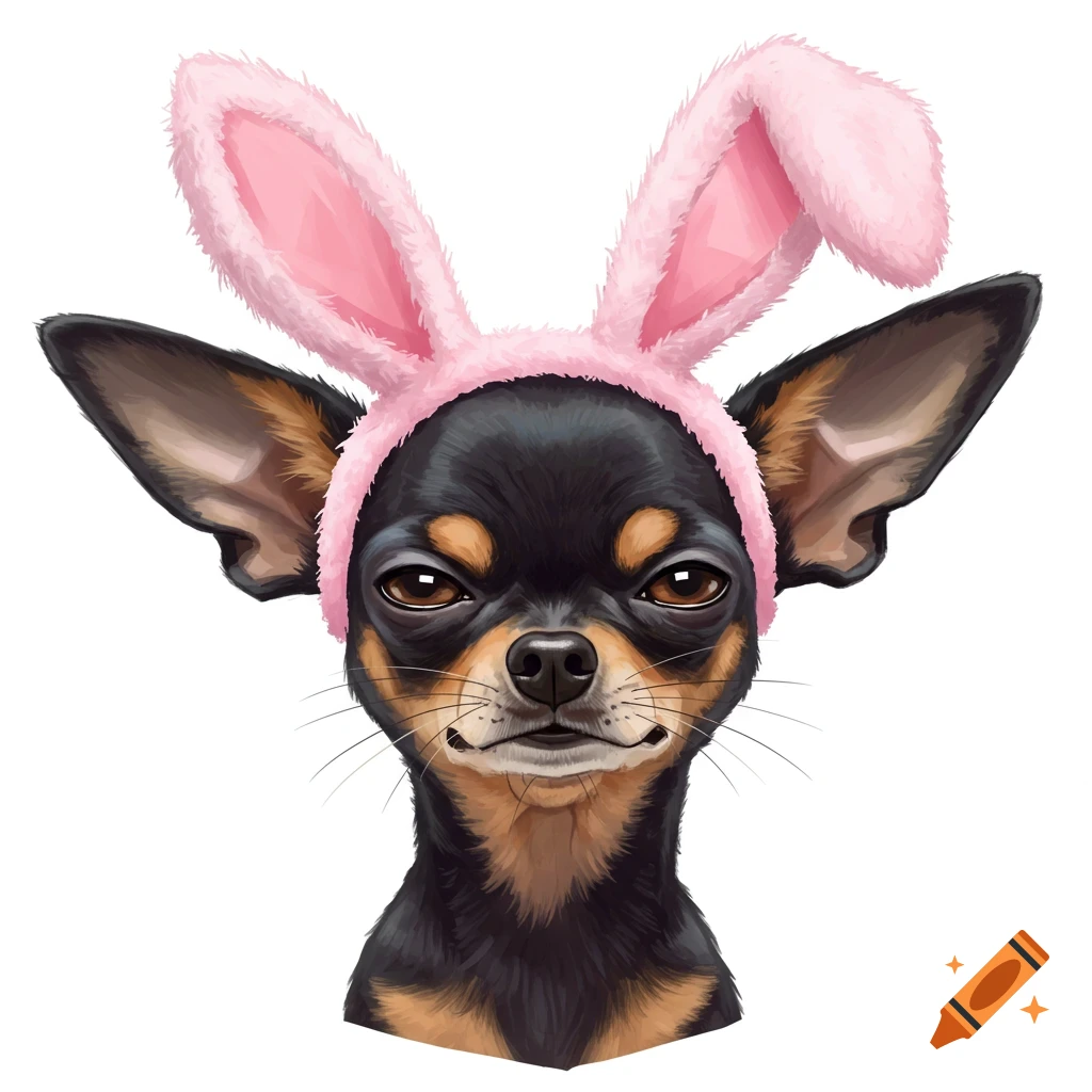 A black and brown Chihuahua wearing pink bunny ears