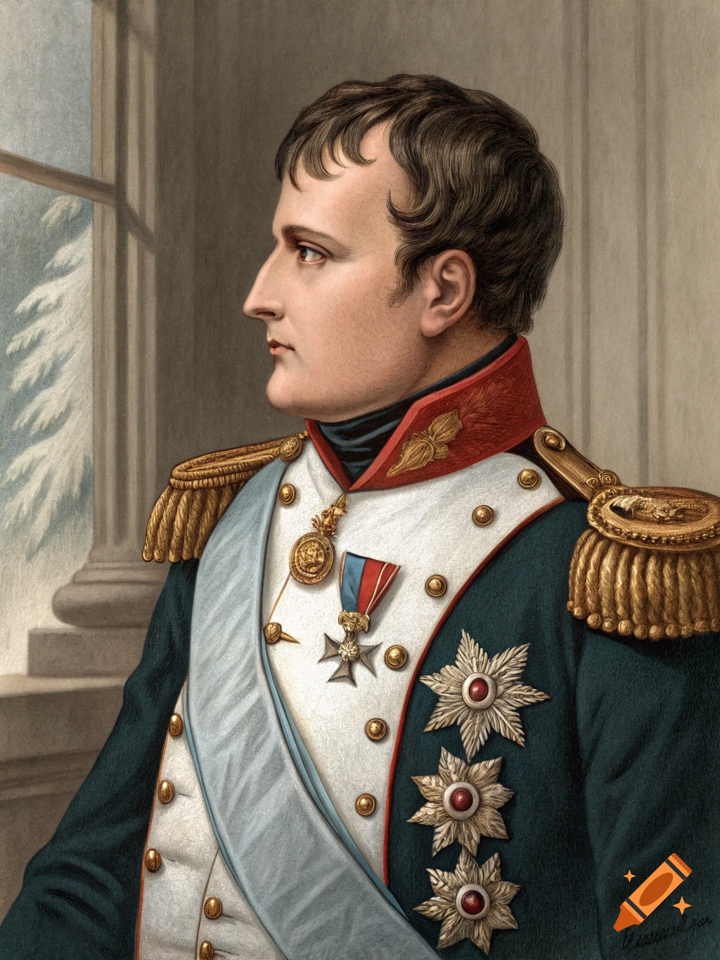 Profile portrait of Napoleon Bonaparte in detailed military uniform looking out window.