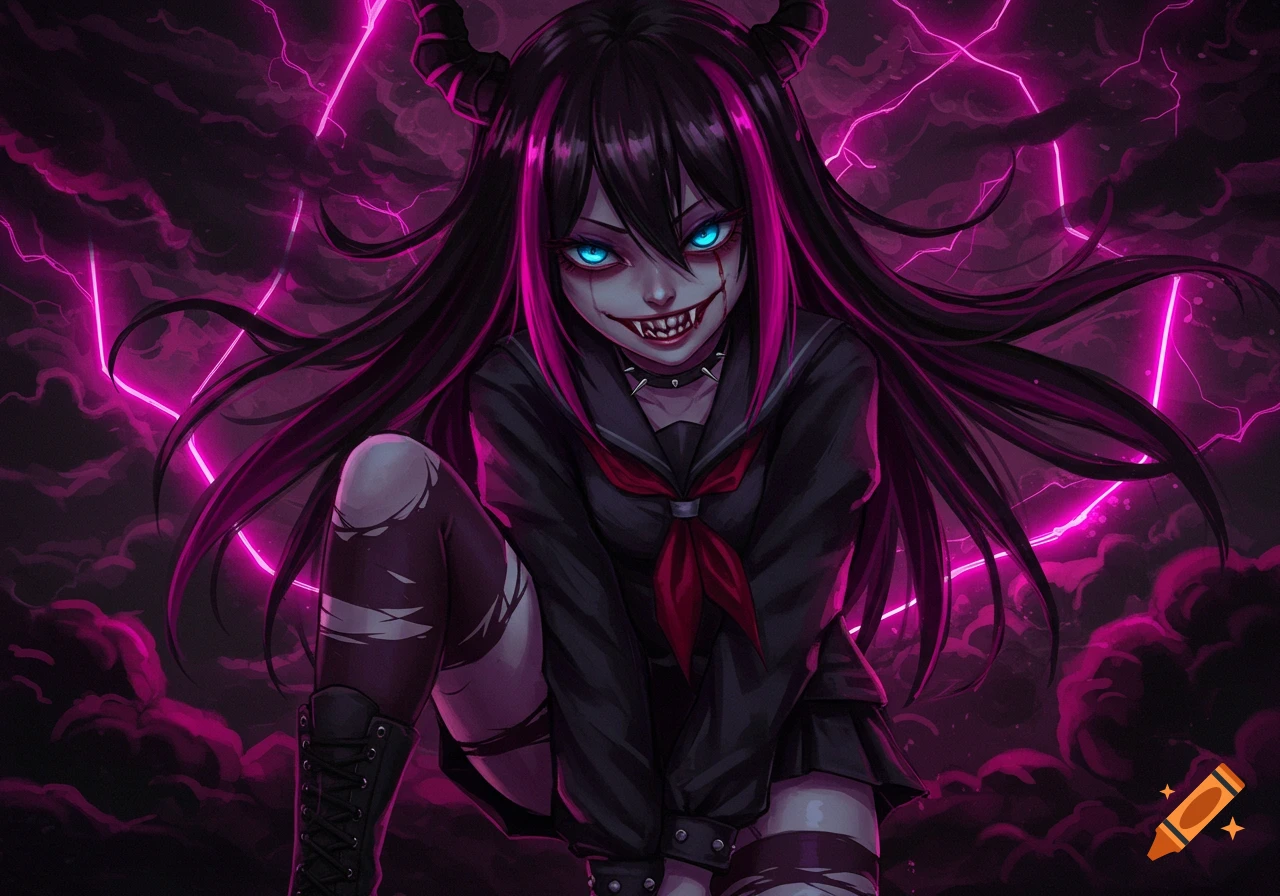 Anime character with horns, fangs, glowing blue eyes in school uniform, pink lightning background.