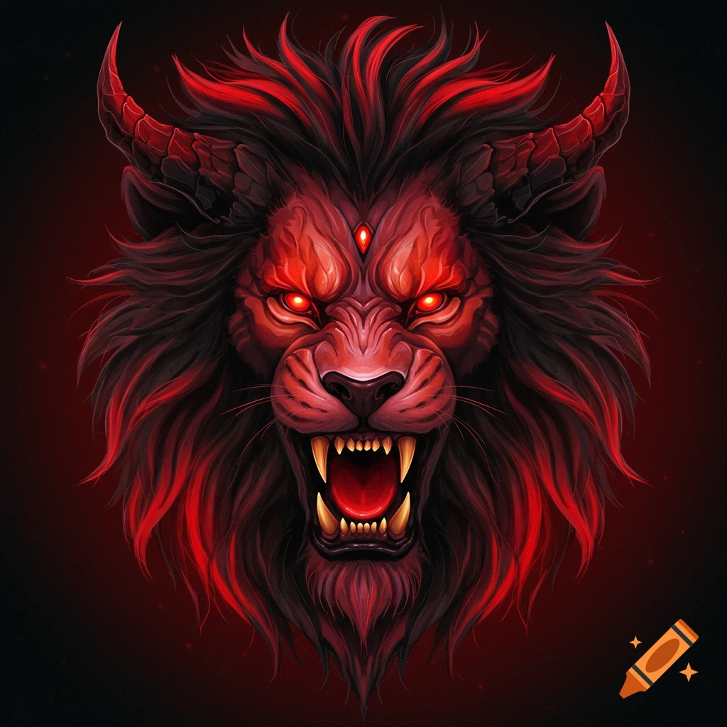 A demonic lion head is shown, featuring horns and glowing red eyes.