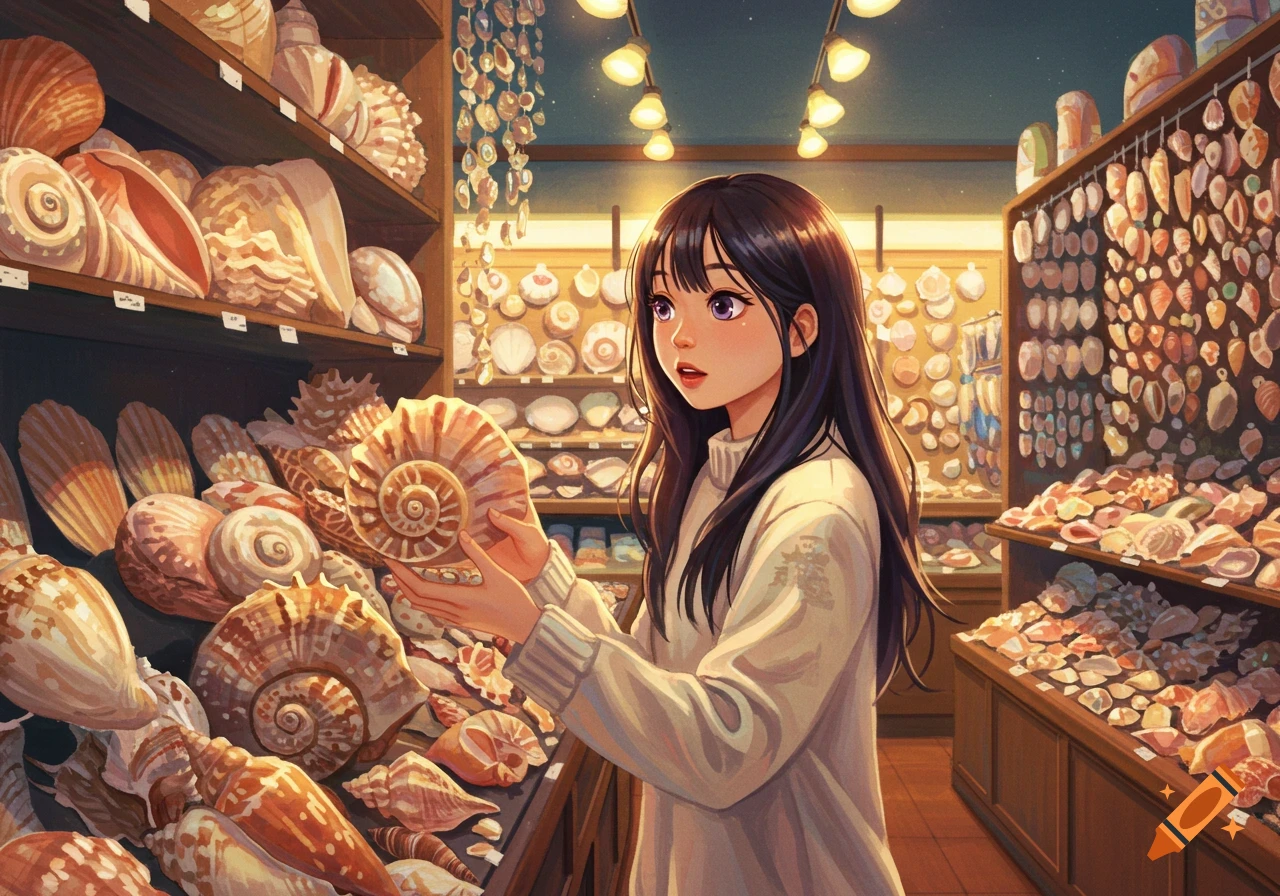 A young woman is looking at seashells in a store.