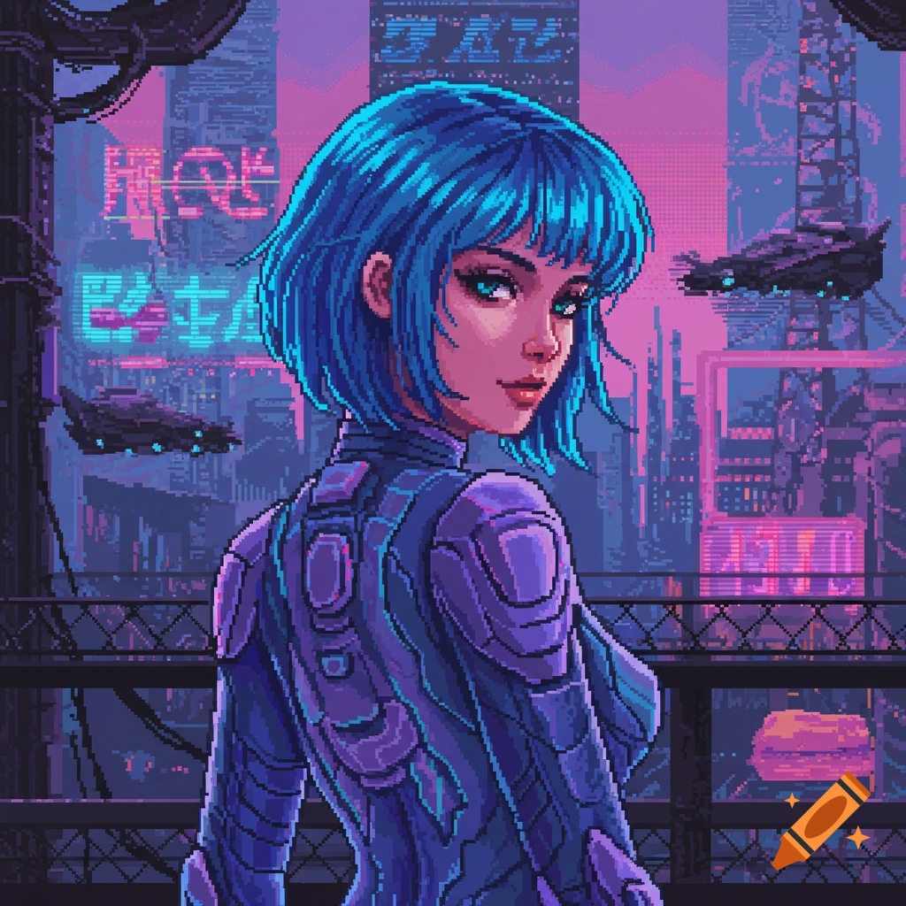 Pixel art of a woman in a futuristic suit looking over a cyberpunk city at night.