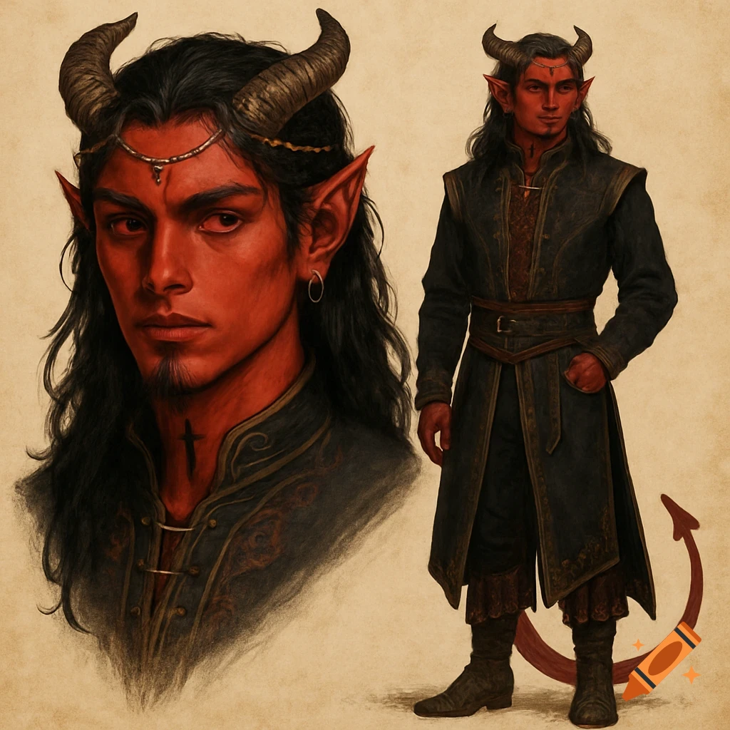 Detailed illustration of a red-skinned fantasy character with horns, long black hair, and a long dark coat, in RPG art style.