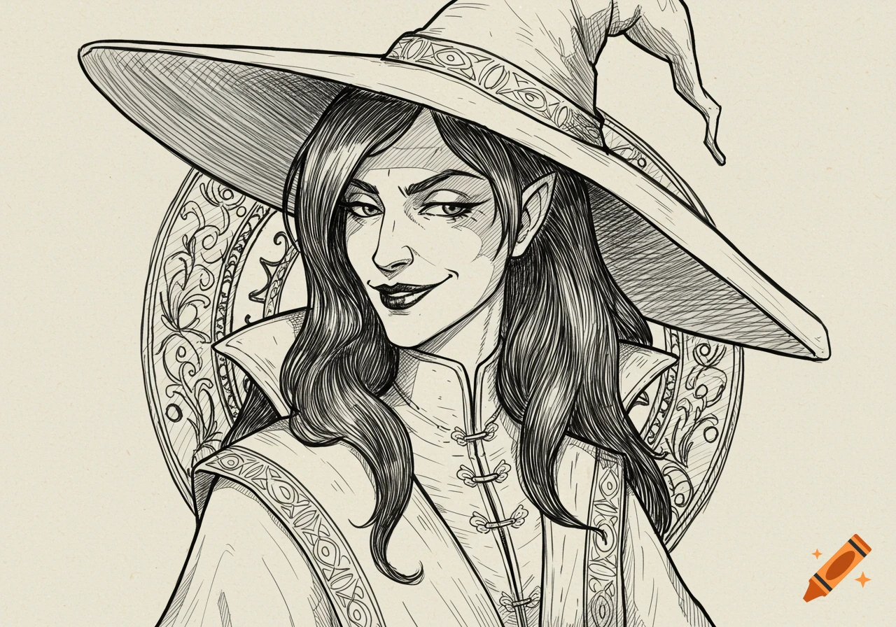 A line drawing portrait of a smirking witch or elf wearing a large hat.