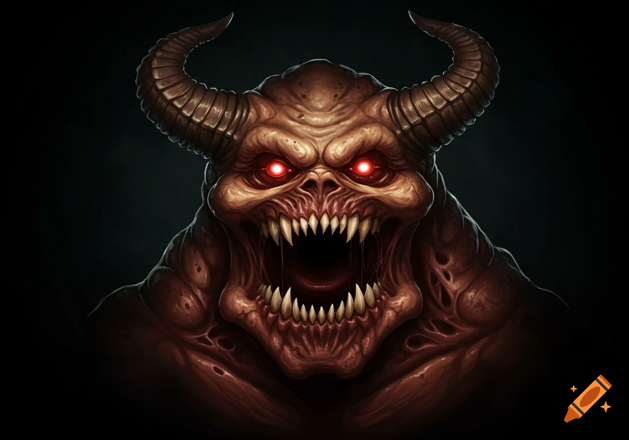 A close-up of a brown demon with glowing red eyes and large horns, roaring with sharp teeth.