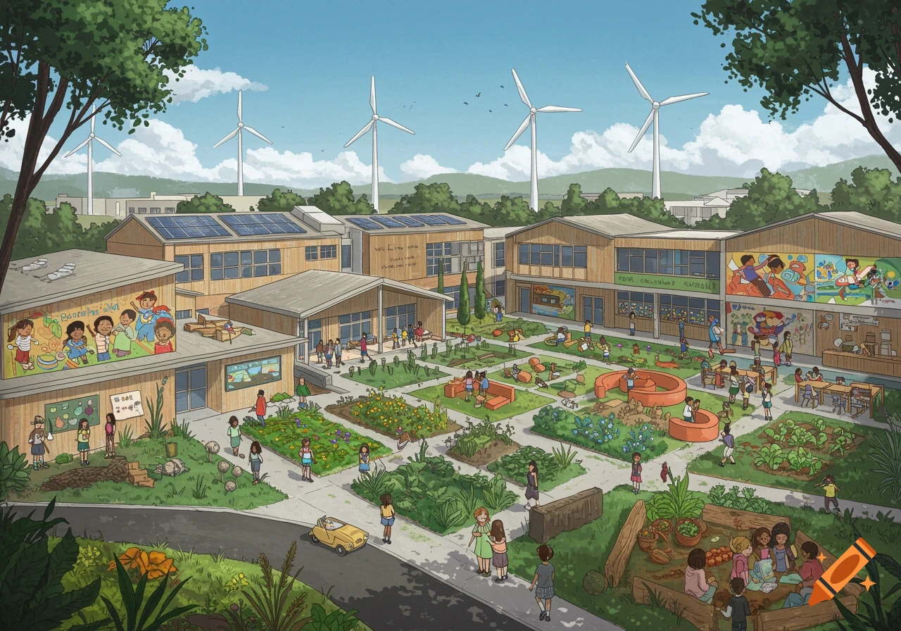 Illustration of a sustainable school with gardens, solar panels, wind turbines, and children.