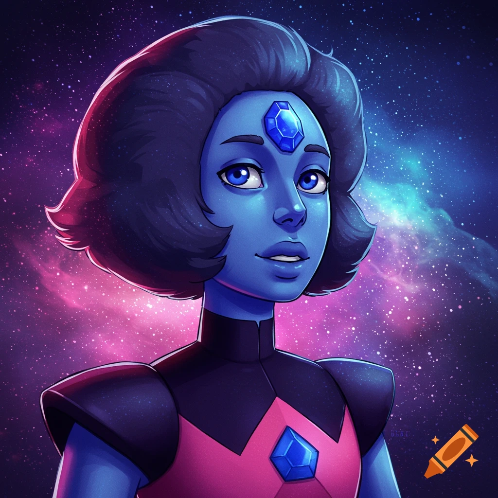 Blue humanoid character from Steven Universe with gems, against a galaxy background.