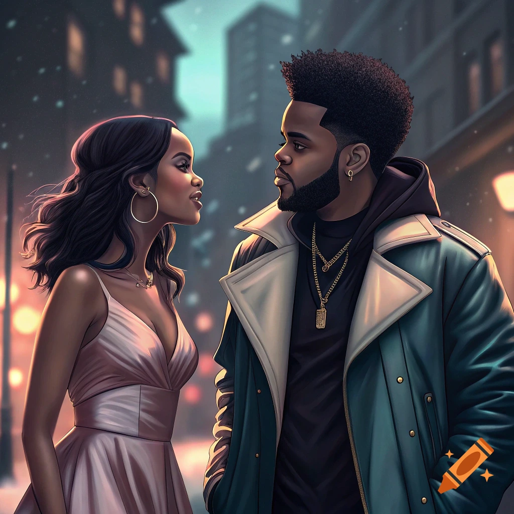 Stylized image of a man and woman looking at each other on a city street.