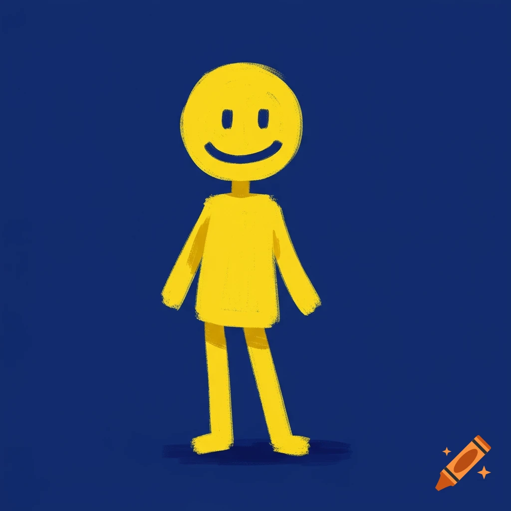 A yellow stick figure with a smiley face on a blue background