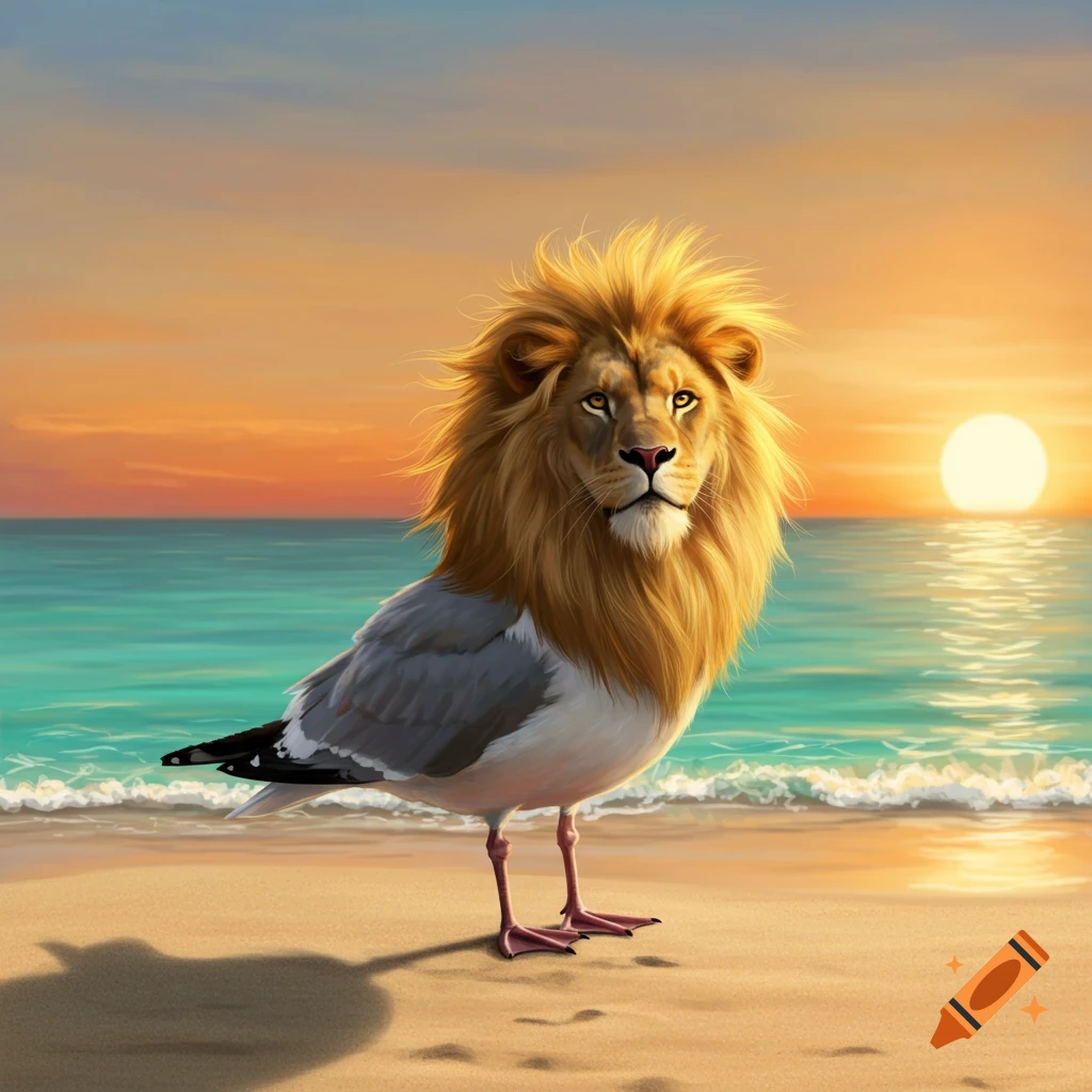 A creature with a lion's head and seagull body stands on a beach at sunset.