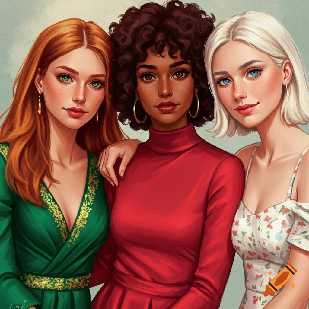 Portrait of three beautiful women with different hair and eye colors.