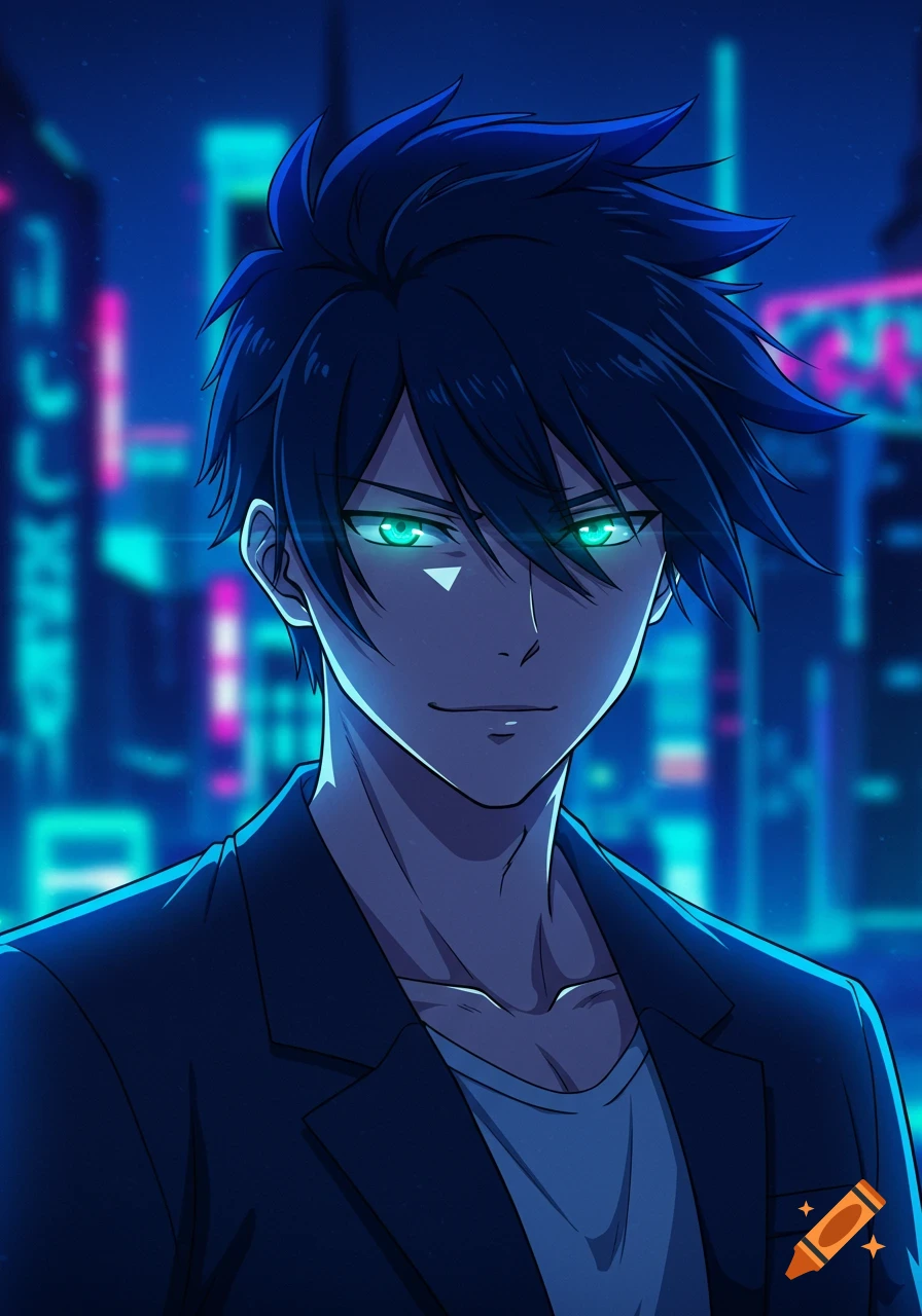 Anime portrait of a male character with glowing green eyes against a blurry neon city background.