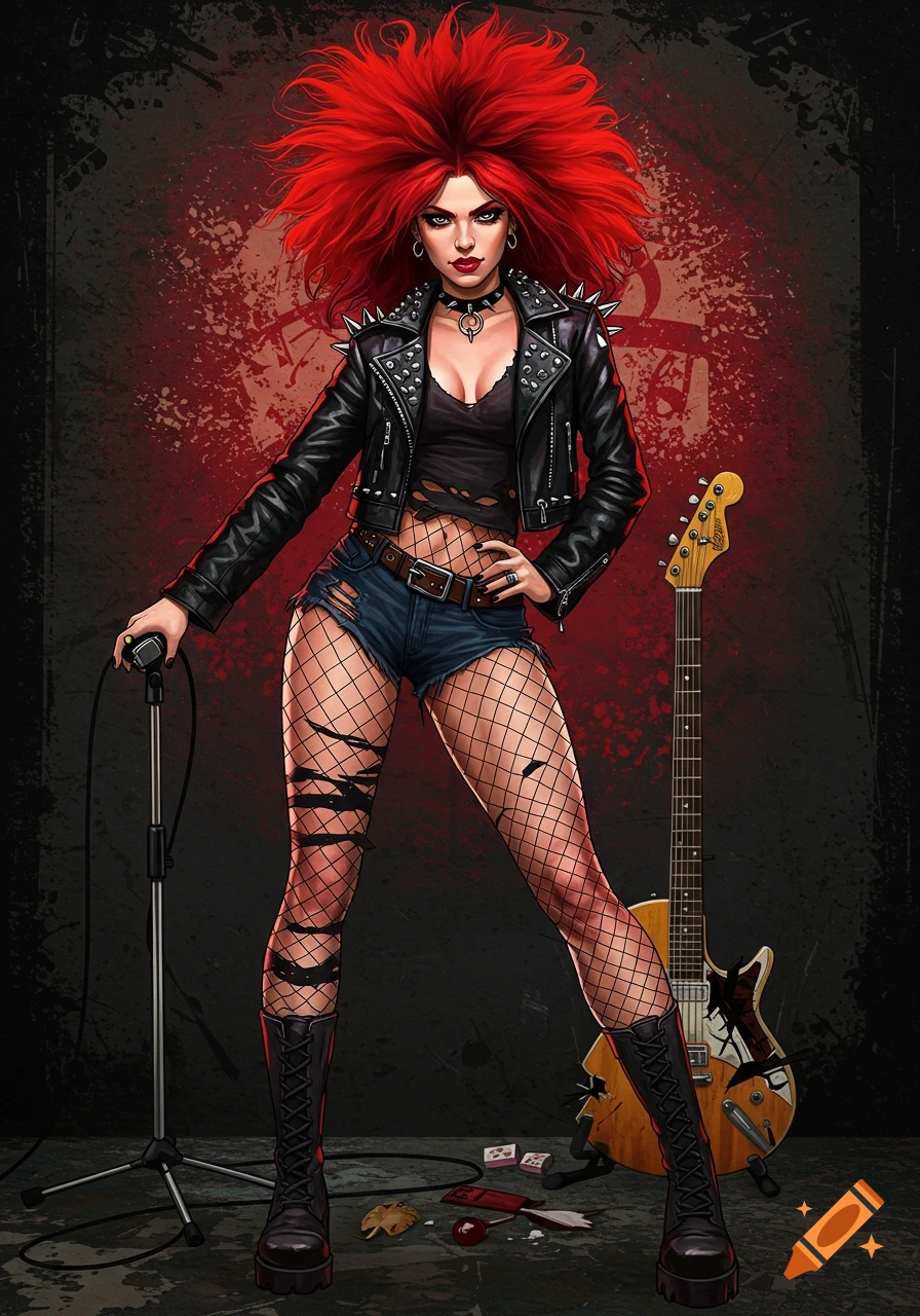 A red-haired female rockstar in edgy clothes with a microphone and guitar.